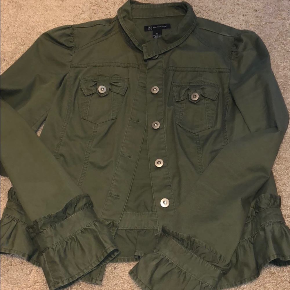 INC Army Green Fall Ruffle Jacket